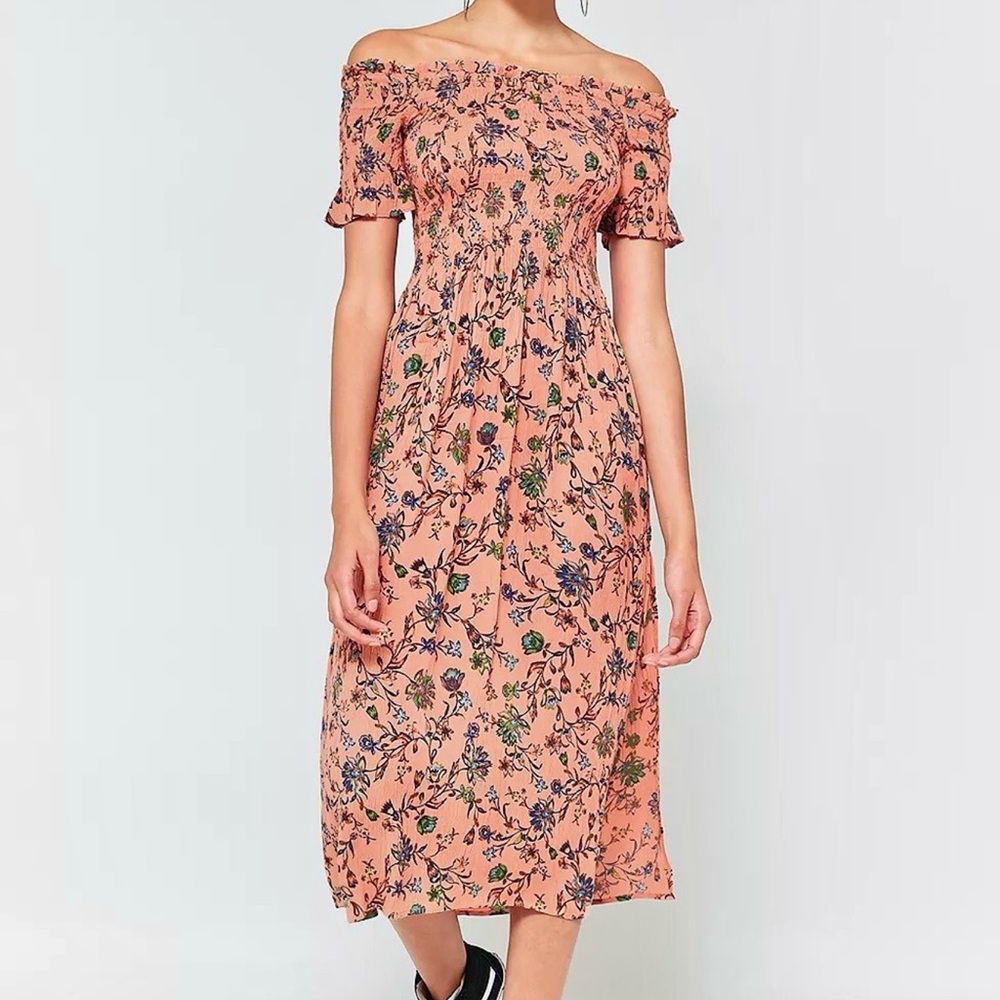 Kimchi Blue Picnic Orange Floral Off-Shoulder Midi Dress From Urban Outfitters
